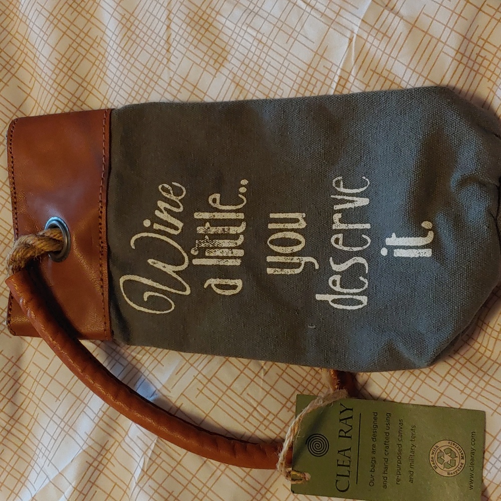 Canvas Wine Bag with Brown Faux-Leather Trim - 'Wine a Little'